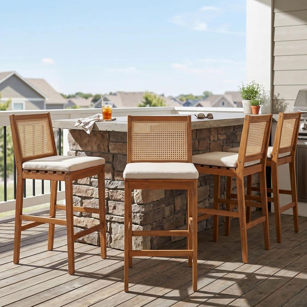 Avenox Country Teak Finish Solid Wood and Yellow Wicker Woven Outdoor Bar Stools with Beige Cushions, Set of 4 price history on PriceWatchPro
