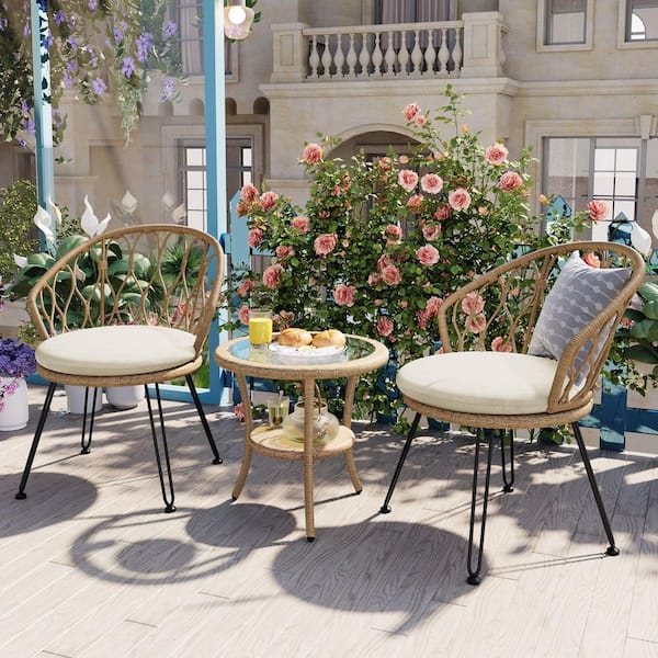 HomeAura 3-Piece Wicker Outdoor Bistro Set with Beige Cushions in Natural