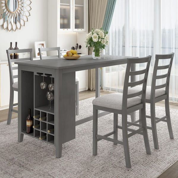 5-Piece Gray Multi-Functional Wood Counter Height Dining Set