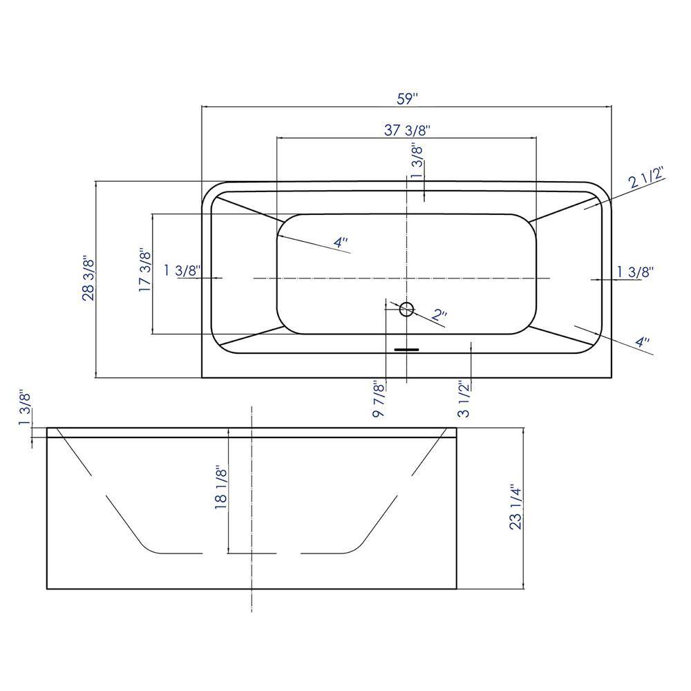 59'' White Freestanding Rectangular Acrylic Soaking Bathtub