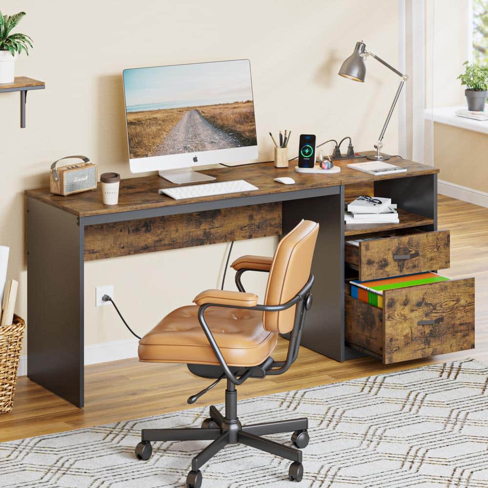 Rustic Brown Adjustable Height Computer Desk with Power Outlets and Drawers
