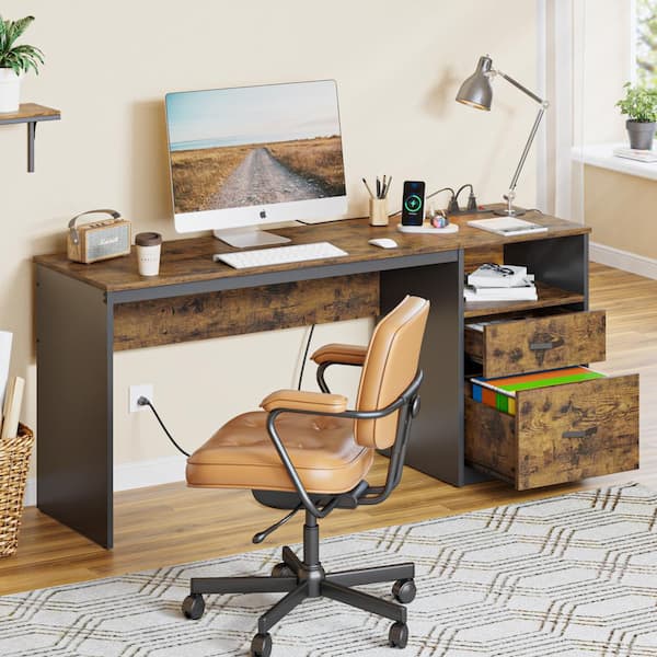 59.84 in. Computer Desk with 2-Storage Drawers Power Outlet and Lift Top Rustic Brown