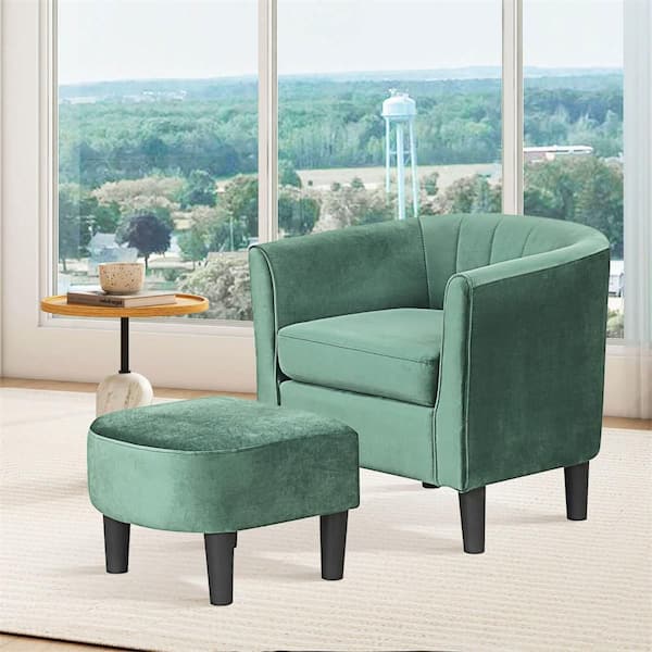 Green Velvet Barrel Chair with Ottoman Footrest Curved Backrest Armrests Removable Seat Cushion