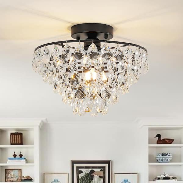 Cristal 1-Light 12.6 in.W Matte Black Semi Flush Mount Modern Empire Ceiling Light with Crystal for Kitchen/Hallway