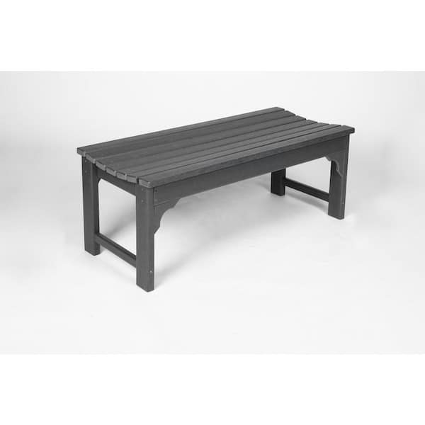 Backless HDPE Adirondack Bench with Wood Texture Outdoor Ottoman All Weather Resistant with UV Protection, Dark Gray