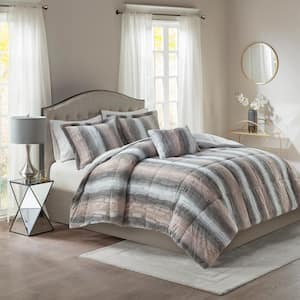 Marselle 4-Piece Blush and Grey Animal Print Faux Fur Polyester Full/Queen Comforter Set