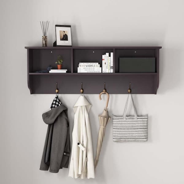 Unbranded 38.6 in. W x 7.9 in. D Black Wall Mounted Coat Rack with 4 Dual Hooks Wooden Storage Shelf Decorative Wall Shelf