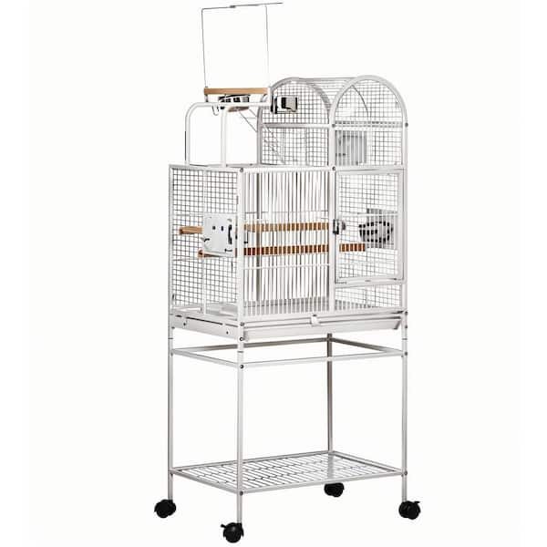 55 in. White Steel Bird Cage with Toy Hooks Above Top Bird Perch, Tray, Food Cups and Rolling Stand, Durable Bird House