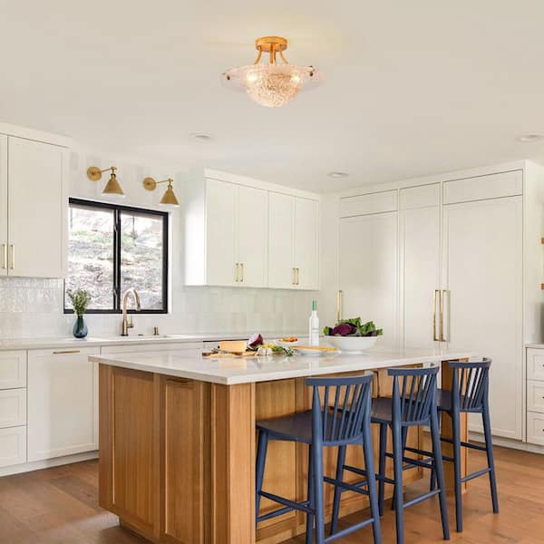 15.8 in. Elegant Indoor Gold Semi-Flush Mount Ceiling Light with Resin Shade