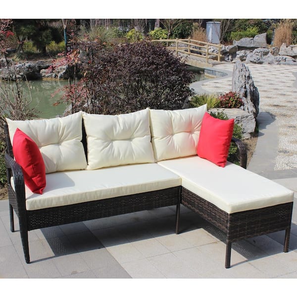 Dark Brown 2-Piece Wicker Outdoor Sectional with Beige Cushions