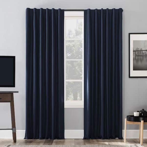 Sun Zero Evelina Fau x Dupioni Silk Thermal 50 in. W x 63 in. L 100% Blackout Back Tab Curtain Panel in Navy Blue (Single Panel)