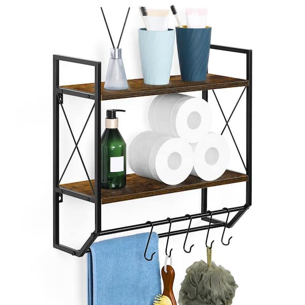 Unbranded 15.7 in. W x 6.3 in. D Brown Industrial 2-Tier Wood Bathroom Towel Rack with Towel Bar, Decorative Wall Shelf