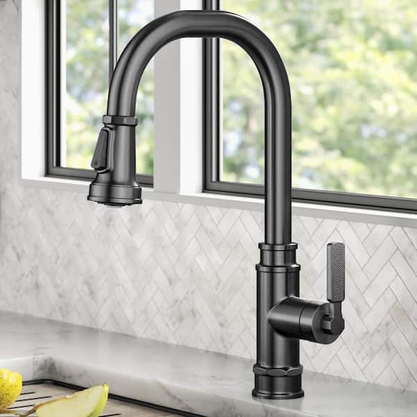 Allyn Transitional Industrial Pull-Down Single Handle Kitchen Faucet in Spot-Free Black Stainless Steel