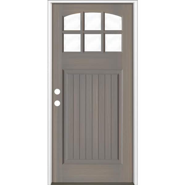 Krosswood Doors 36 in. x 80 in. Craftsman 6 Lite V Groove Arch Top Grey Stain Right-Hand/Inswing Hemlock Prehung Front Door