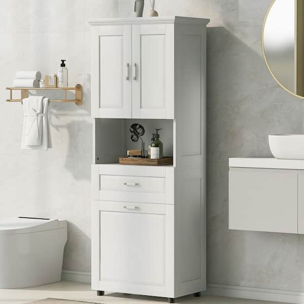25 in. W x 16 in. D x 70 in. H White MDF Linen Cabinet w/Laundry Basket and Tilt-Out Laundry Hamper in White