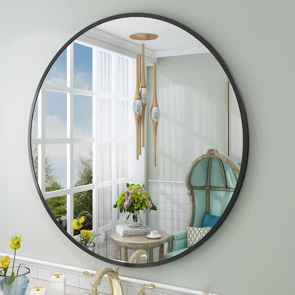 Apmir 32 in. W x 32 in. H Round Aluminum Alloy Framed French Cleat Mounted Wall Decor Bathroom Vanity Mirror in Matte Black