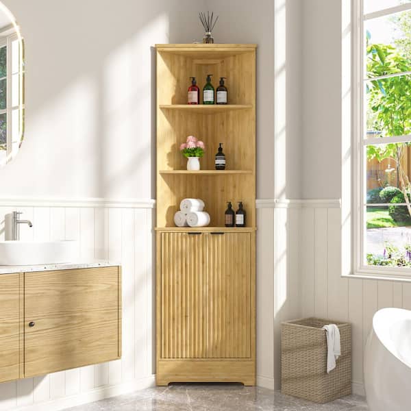 Yellow 68 in. H Bamboo Corner Accent Storage Cabinet with Fluted Doors and Shelves