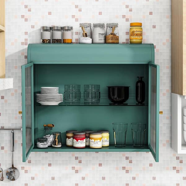Army Green 2-Door Wall-Mounted Metal Storage Cabinet with Tempered Glass Doors and Shelves