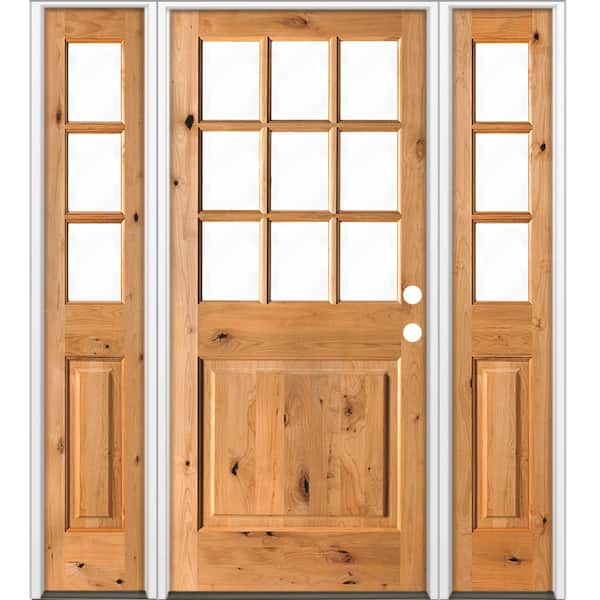 Krosswood Doors 64 in. x 80 in. Rustic Knotty Alder Clear 9-Lite Clear Stain Wood Left Hand Inswing Single Prehung Front Door/Sidelites