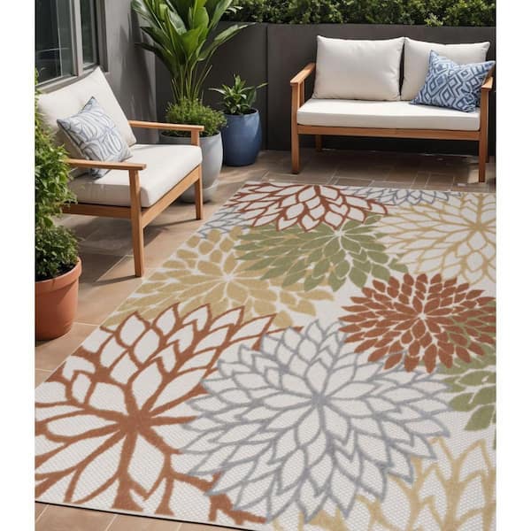 Ivory, Green, Blue 5 ft. x  7 ft. Woven Abstract Polyester Runner Indoor/Outdoor Area Rug