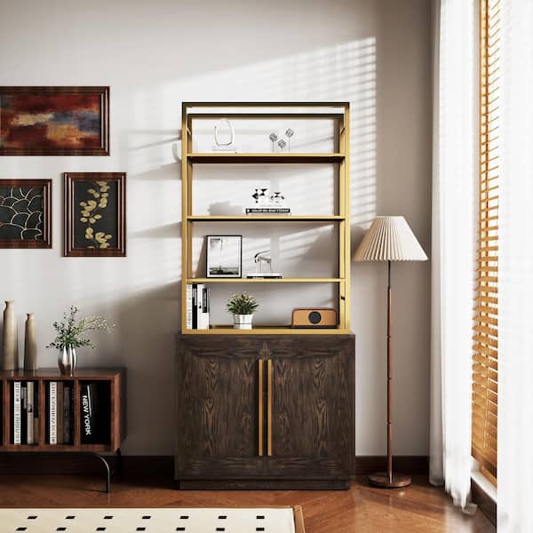 Clihome 79 in. Tall Metal Golden 3-Shelves Bookcase Freestanding Bookshelf with 2-Doors Storage Cabinet