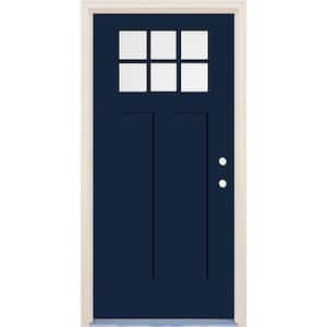 36 in. x 80 in. Left-Hand 6-Lite Clear Glass Indigo Painted Fiberglass Prehung Front Door with 4-9/16 in. Frame