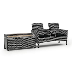 Seneka Black and White 2-Piece Aluminum Outdoor Loveseat Chair with Black Cushion and Storage Bench