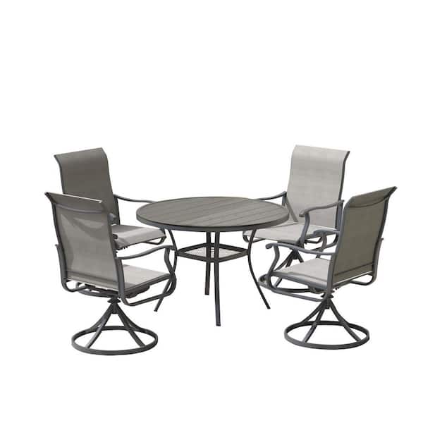 5-Piece Metal Outdoor Dining Set with Storage Shelf, Walnut Tabletop, Umbrella Hole, Gray Seats
