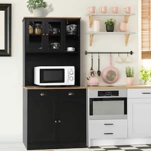 Black Engineered Wood Kitchen Pantry Cabinet Storage Hutch with Adjustable Shelves, Buffet Cupboard and Microwave Stand