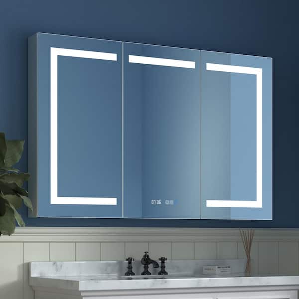 48 in. W x 32 in. H Surface/Recessed-Mount Rectangular LED Dimmable Medicine Cabinet with Mirror, Clock and Temperature