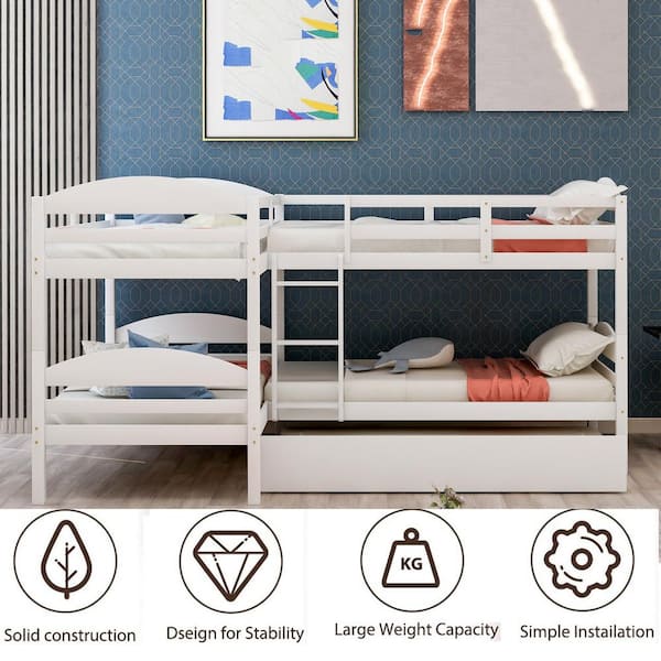 White Twin Size L-Shaped Bunk Bed with Trundle, Converted Into 2 L-Shaped Bed, Built-In Ladder and Guardrail, Wood
