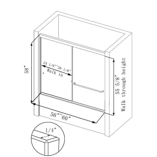 Wynnt 56-60 in. W x 58 in. H Semi Frameless Sliding Bathtub Shower Door in Black with 1/4 in. (6mm) Tempered Glass Shower Door