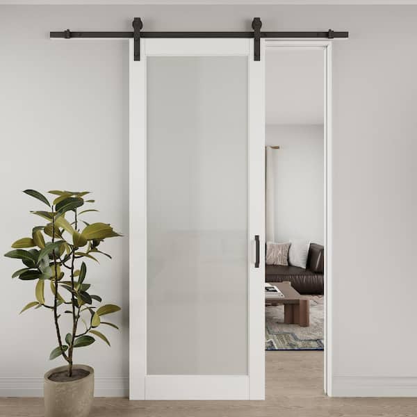 ARK DESIGN 36 in. x 96 in. 1-Lite Tempered Frosted Glass White Primed MDF Composite Sliding Barn Door with Hardware Kit