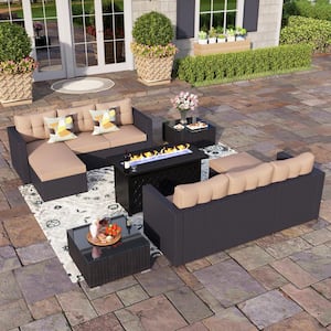 Black Rattan Wicker 6 Seat 7-Piece Steel Outdoor Fire Pit Patio Set with Beige Cushions and Rectangular Fire Pit Table