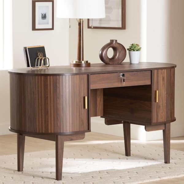 Hayes 55.1 in. Walnut Brown Wood 1-Drawer Desk with Tambour Doors