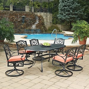 Sanibel Black 7-Piece Cast Aluminum Oval Outdoor Dining Set with Orange Coral Cushions