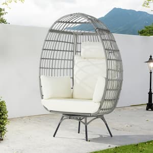 Patio Wicker Swivel Egg Chair, Oversized Indoor Outdoor Egg Chair, Gray Ratten Beige Cushions