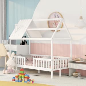 Twin Size Wood House Bed with Fence for Kids, Toddlers Platform Bed with Slats Support, No Box Spring Needed, White