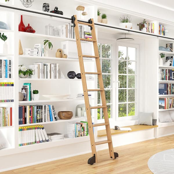 Quiet Glide 8.06 ft. Red Oak Library Ladder (9 ft. Reach) Black Contemporary Rolling Hardware 12 ft. Rail and Horizontal Brackets