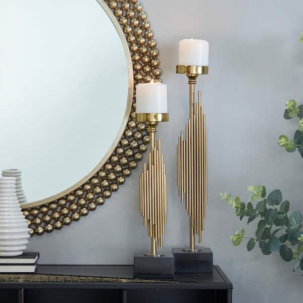 Gold Stainless Steel Vertical Pipe Stand Candle Holder (Set of 2)
