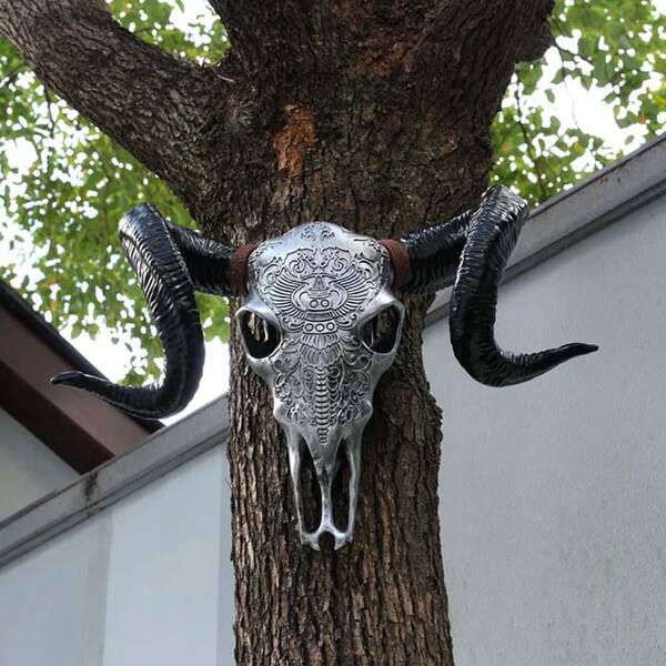 22.44 in. x 15.59 in. Silver Resin Bull Head Skull Wall Hanging