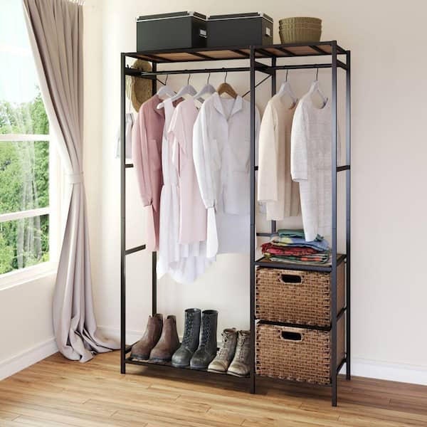Wood Clothes Rack, Garment Rack, Closet Organizer Closet Wardrobe Rack w/ Shelves, 2-Wicker Drawers, 4-Hooks in Brown