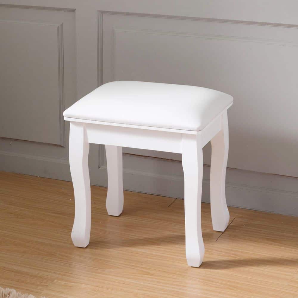 White MDF Vanity Stool Makeup Chair Bench with Solid Wood Legs