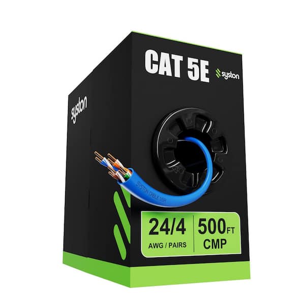 500 ft. Blue CMP Cat 5e 350 MHz 24 AWG Solid Bare Copper Ethernet Network Wire Data Cable - Bulk No Ends Heat Resistant