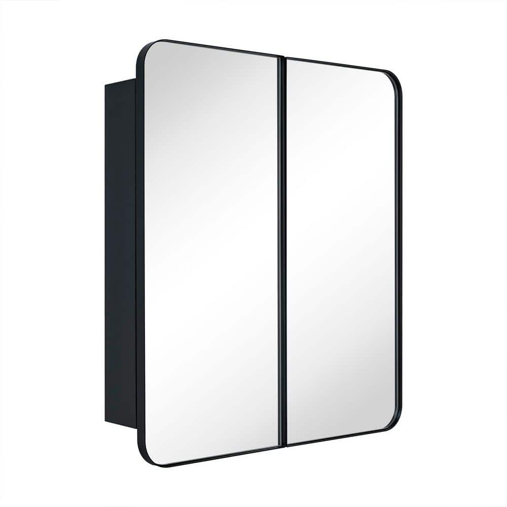 26 in. W x 30 in. H Double Door Rectangular Metal Framed Rounded Bathroom Medicine Cabinet with Mirror in Matt Black price history on PriceWatchPro