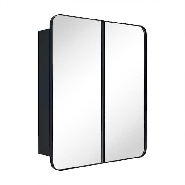 26 in. W x 30 in. H Double Door Rectangular Metal Framed Rounded Bathroom Medicine Cabinet with Mirror in Matt Black