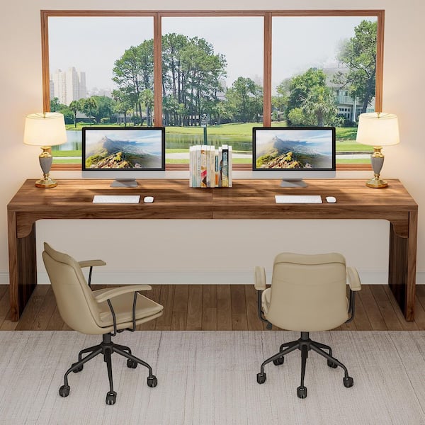 BYBLIGHT 78.7 in. Rectangle Medium Walnut Brown Wood Computer Desk