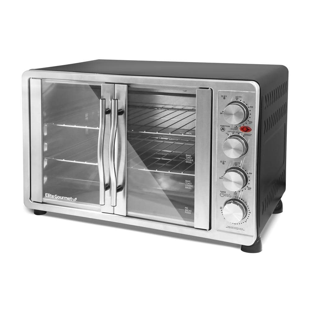Elite Gourmet ETO4510B# French Door 47.5Qt, 18-Slice Convection Oven  4-Control Knobs, Bake Broil Toast Rotisserie Keep Warm, Includes 2 x 14  Pizza