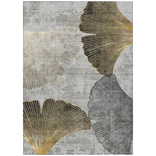 Gray, Charcoal, Silver 5 ft. x 8 ft. Woven Floral Polyester Rectangle Indoor/Outdoor Area Rug