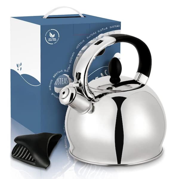 Wudkey 1-Cup 2.64 qt. Stove Top Whistling Tea Kettle, Stainless Steel Teapot with Cool Touch Handle and Silicone Mitt, Silver